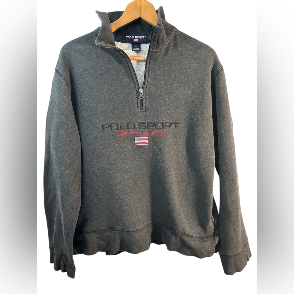 Vtg Polo Sport Ralph Lauren Mens L Gray Pullover 1/4 Zip sweatshirt 90s Y2K